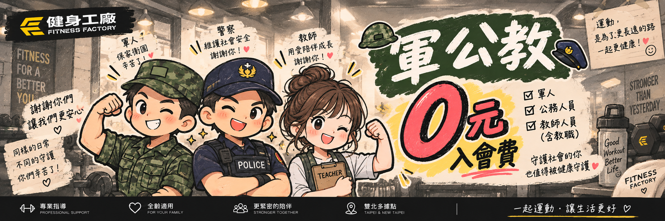健身工廠軍公教優惠｜軍人、公務人員、教師 0 元入會費｜雙北健身工廠 Alice